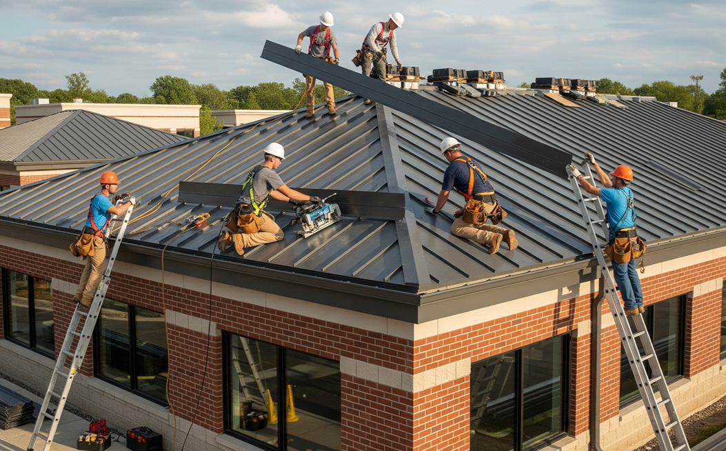 Workers on roof fixing storm damage